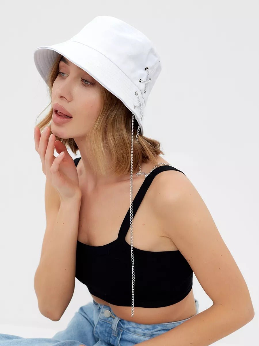 Bob en coton unisexe, chapeau streetwear, avec chaînes, accessoire Y2K, modèle Kaina - Bob - Blanc