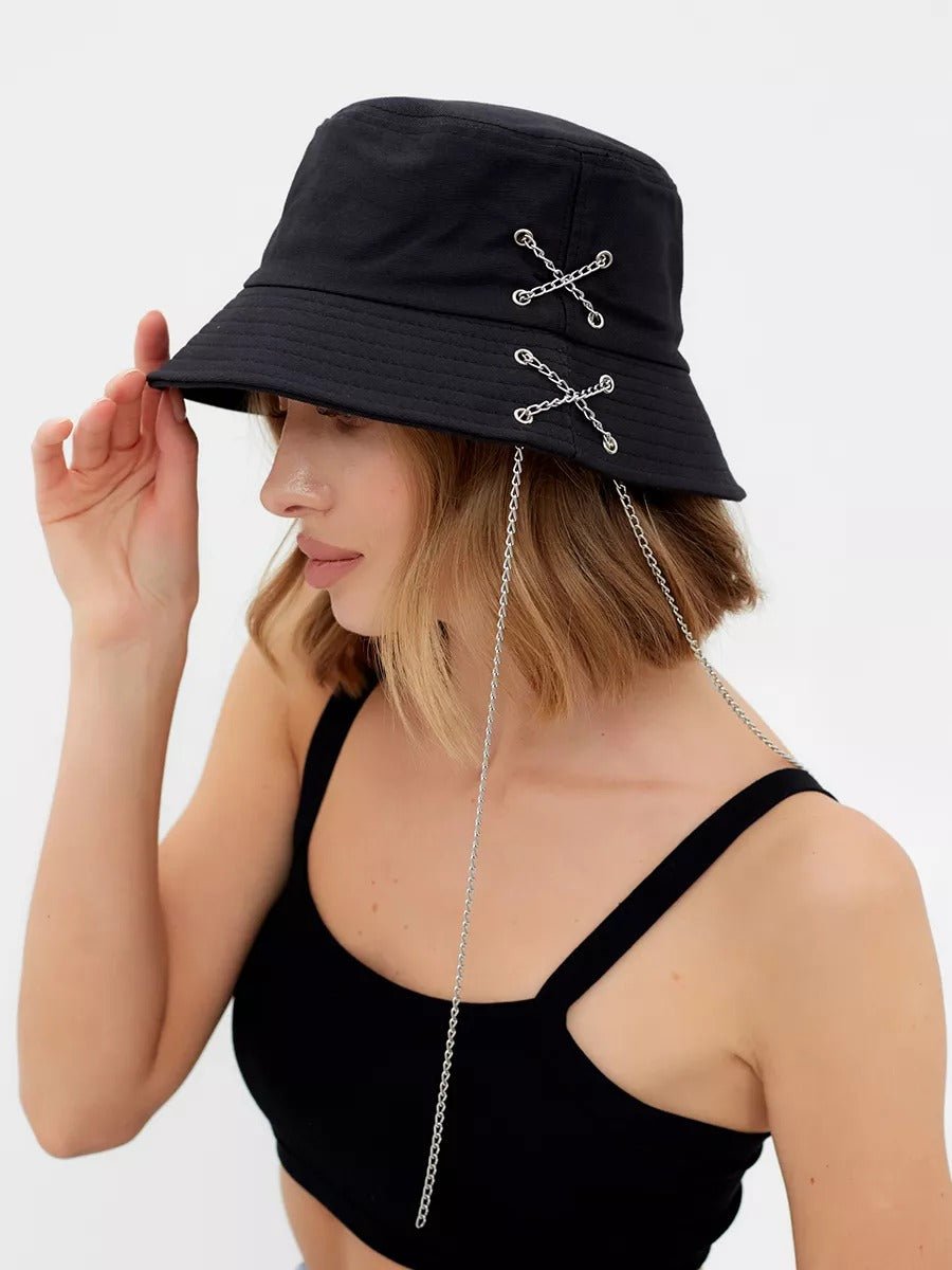 Bob en coton unisexe, chapeau streetwear, avec chaînes, accessoire Y2K, modèle Kaina - Bob - Noir