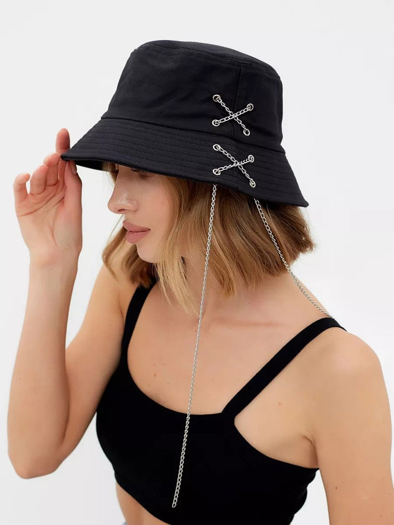 Bob en coton unisexe, chapeau streetwear, avec chaînes, accessoire Y2K, modèle Kaina - Bob - Noir
