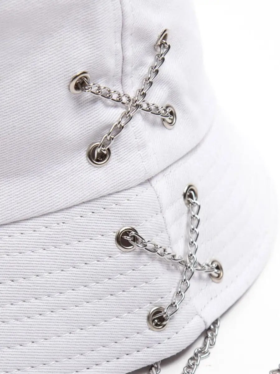 Bob en coton unisexe, chapeau streetwear, avec chaînes, accessoire Y2K, modèle Kaina - Bob - Blanc