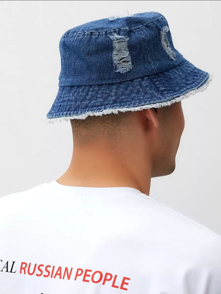 Bob en jean usé, effet vieilli, bords effilochés, style unisexe, tendance Y2K, modèle Kelips - Bob - Bleu marine