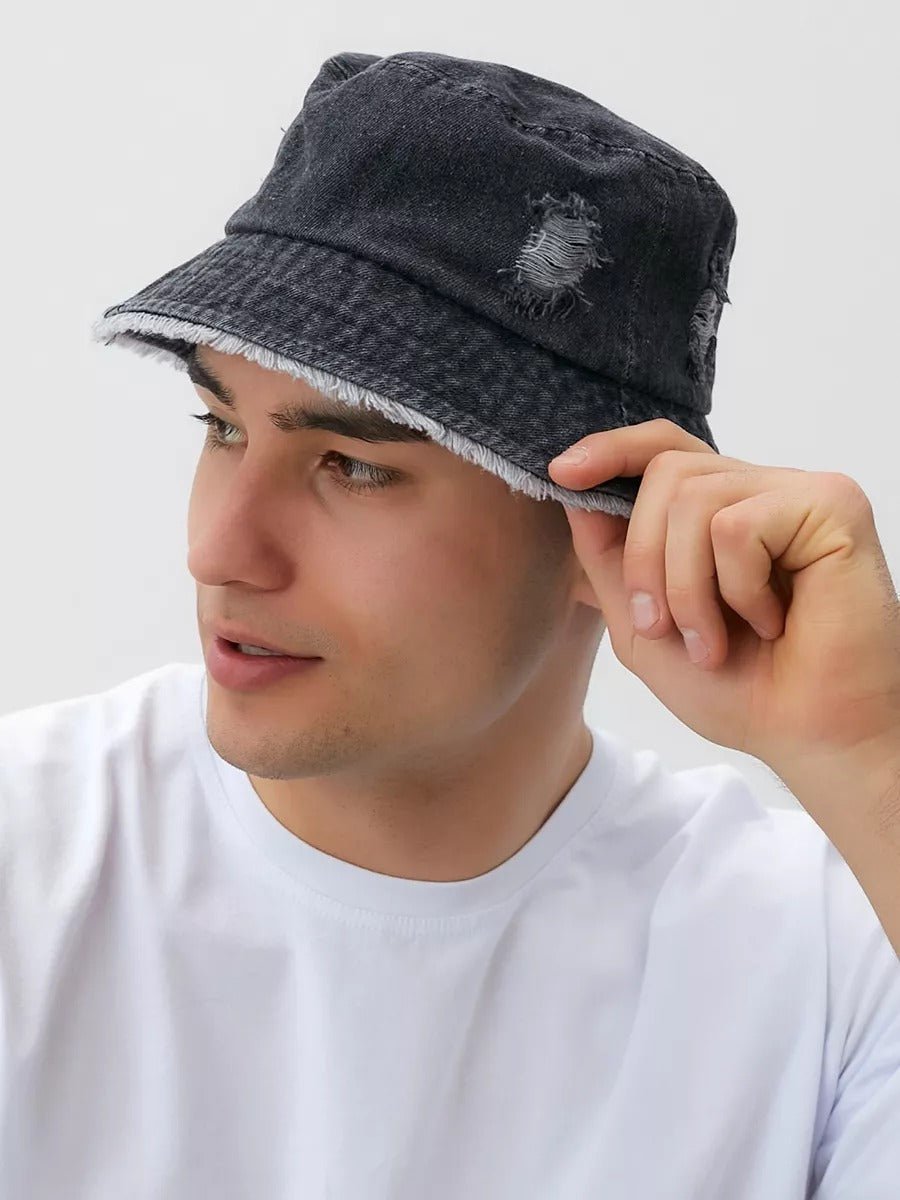 Bob en jean usé, effet vieilli, bords effilochés, style unisexe, tendance Y2K, modèle Kelips - Bob - Gris foncé