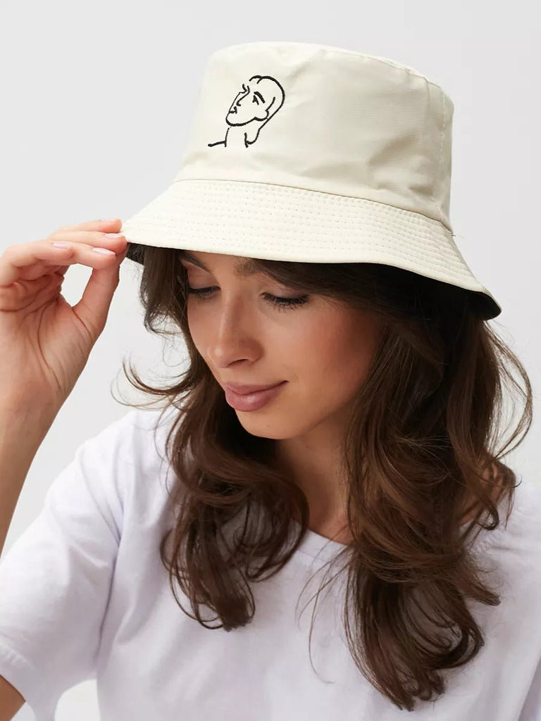 Bob réversible visage femme, motif brodé, protection solaire, style original, tissu twill, modèle Lana - Bob - Blanc crème