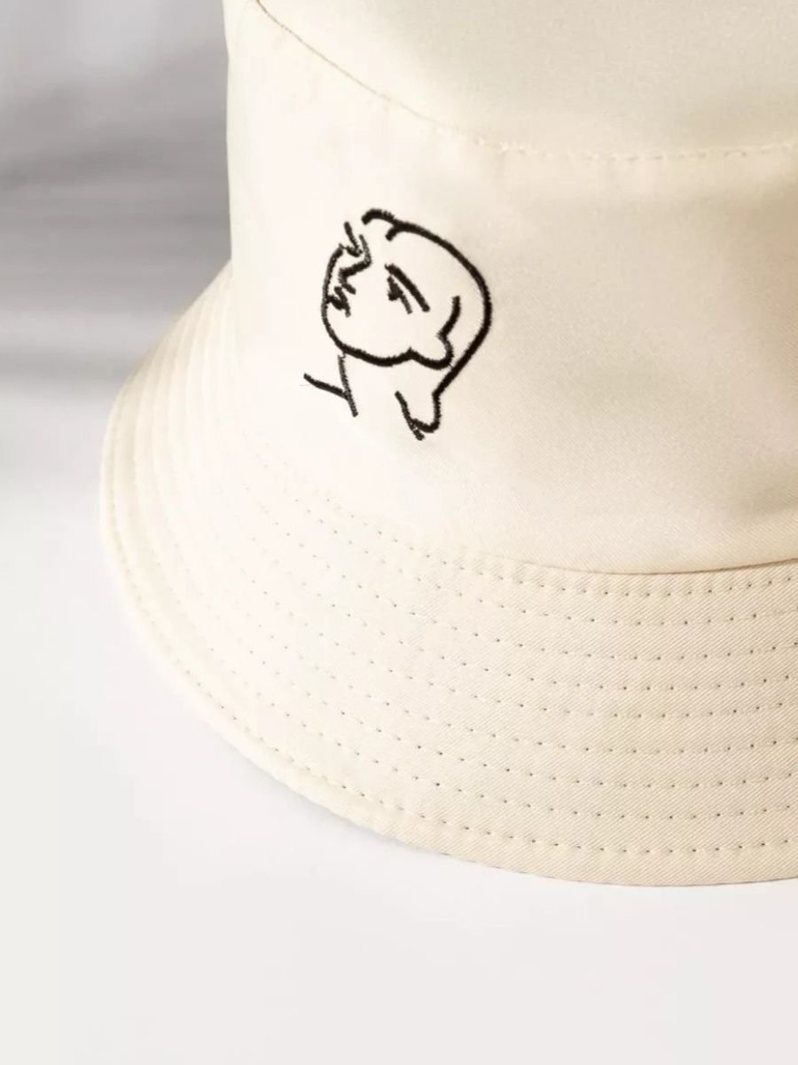 Bob réversible visage femme, motif brodé, protection solaire, style original, tissu twill, modèle Lana - Bob - Blanc crème