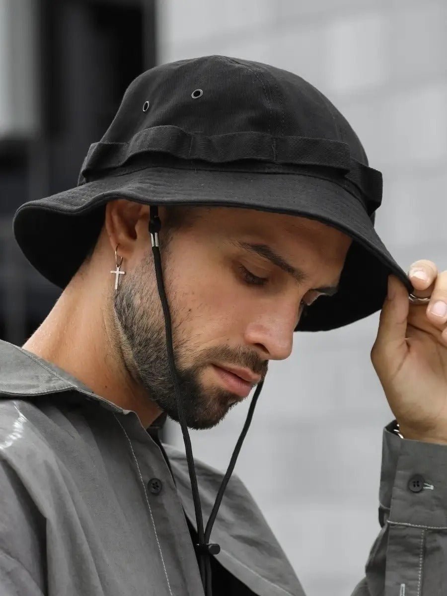 Bob streetwear et techwear, ajustable, anti - UV, avec cordon, gorpcore, chapeau de randonnée, modèle Elior - Bob - Noir
