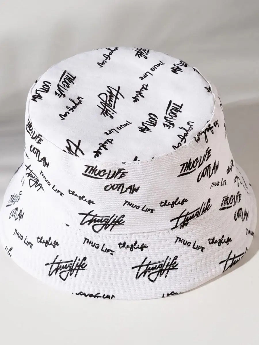 Bob streetwear réversible, imprimé graffiti, coton respirant, broderie Thug Life, mixte, modèle Hérry - Casquette - Blanc