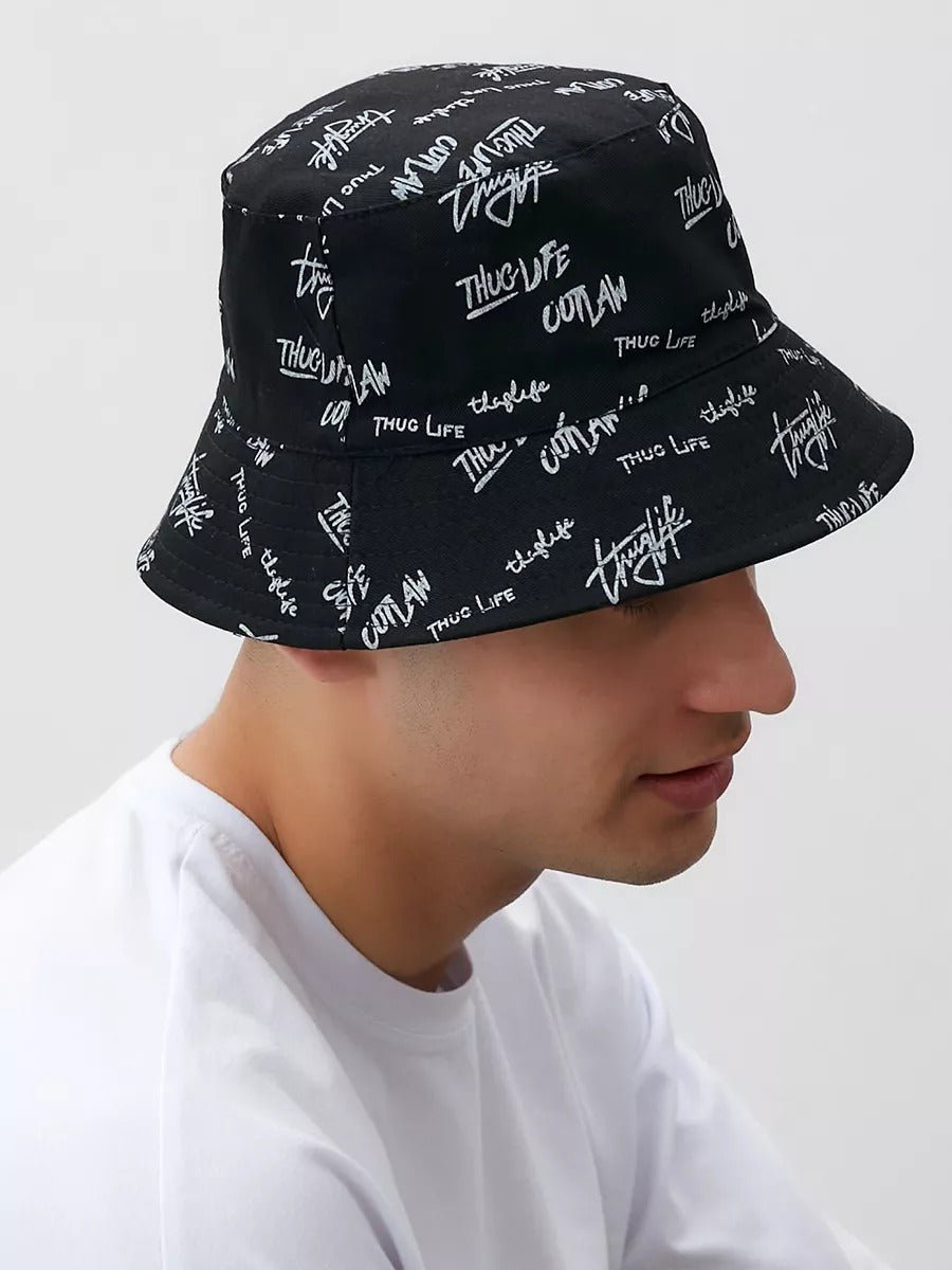 Bob streetwear réversible, imprimé graffiti, coton respirant, broderie Thug Life, mixte, modèle Hérry - Casquette - Noir