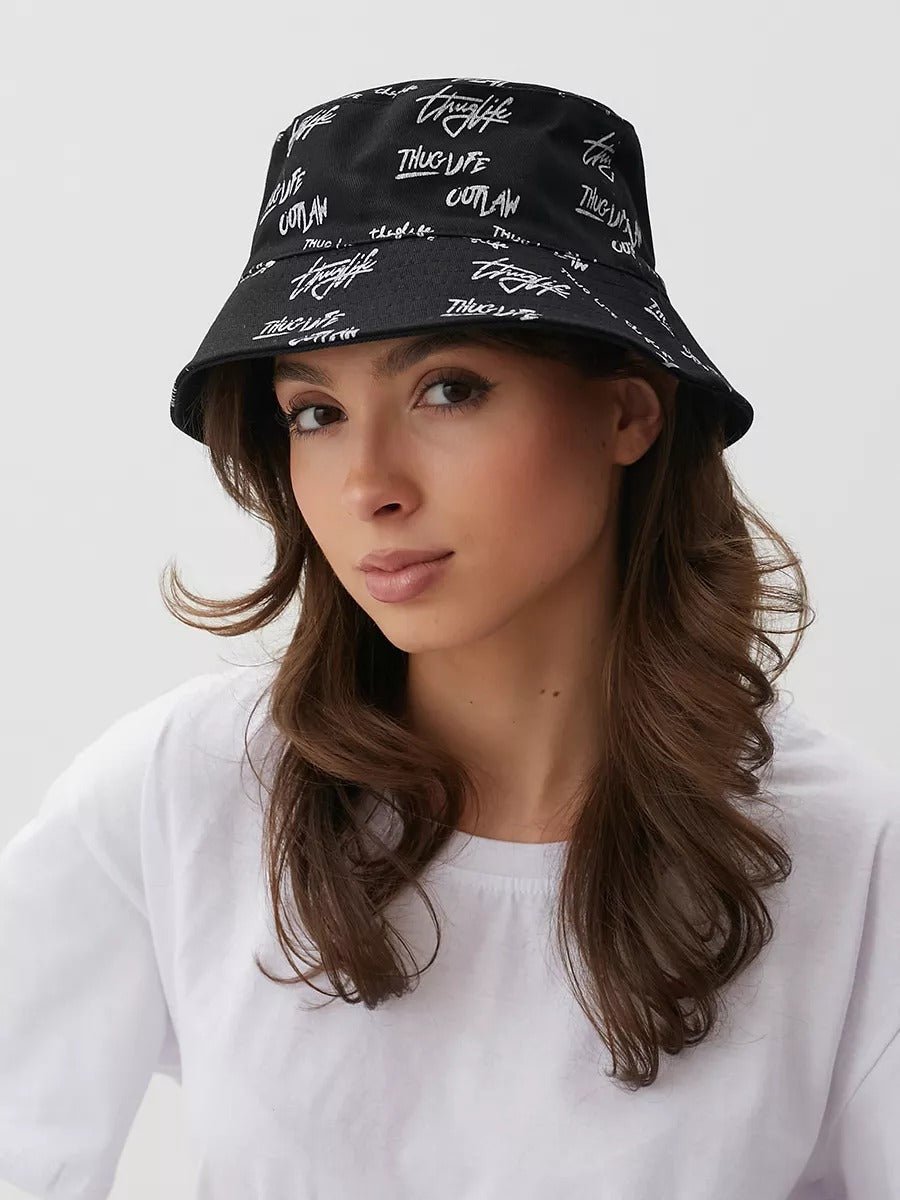 Bob streetwear réversible, imprimé graffiti, coton respirant, broderie Thug Life, mixte, modèle Hérry - Casquette - Noir