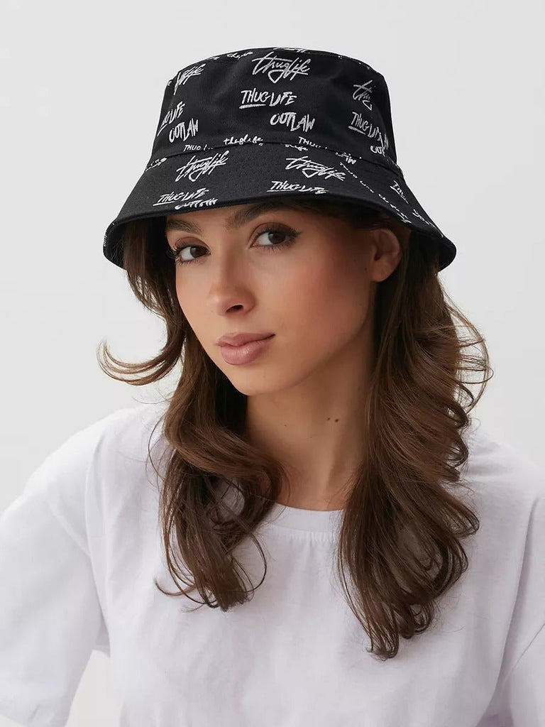 Bob streetwear réversible, imprimé graffiti, coton respirant, broderie Thug Life, mixte, modèle Hérry - Casquette - Noir