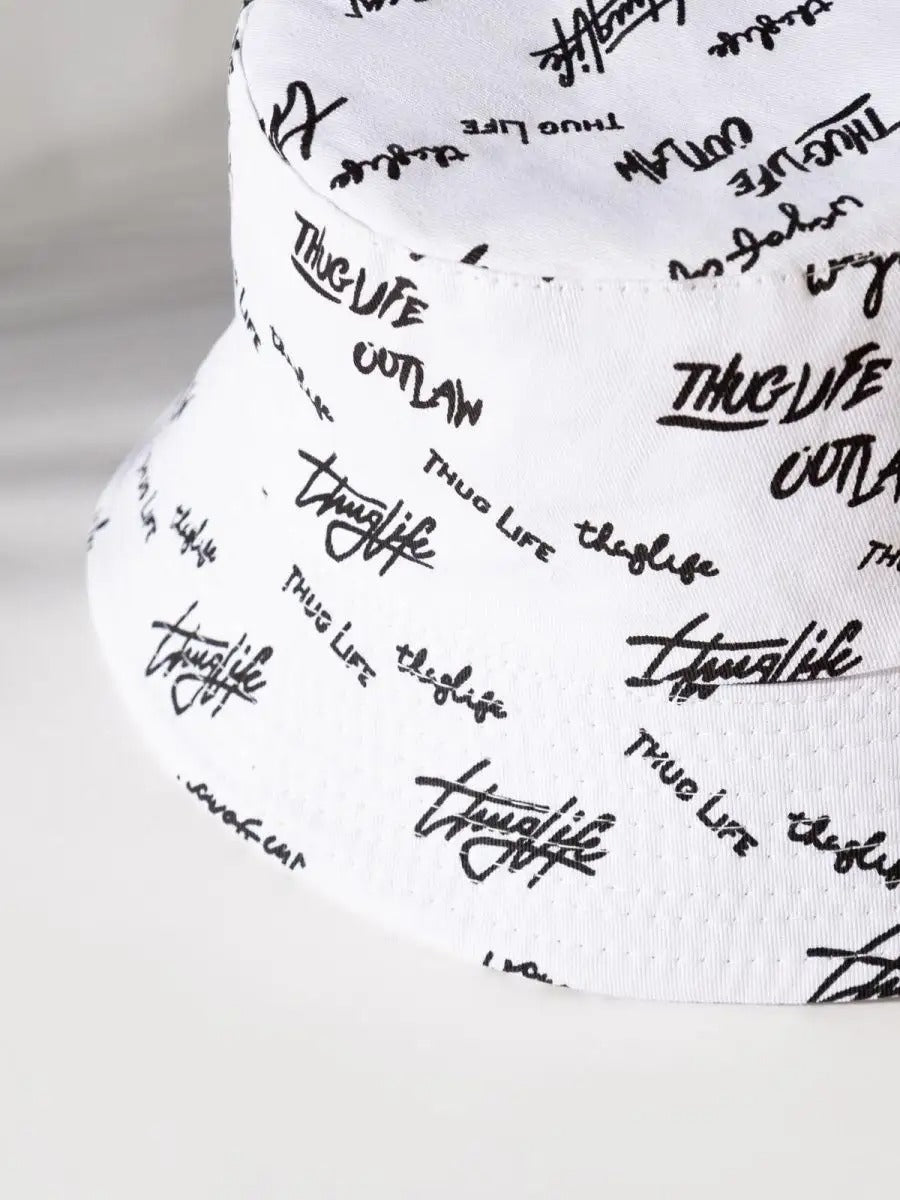 Bob streetwear réversible, imprimé graffiti, coton respirant, broderie Thug Life, mixte, modèle Hérry - Casquette - Blanc