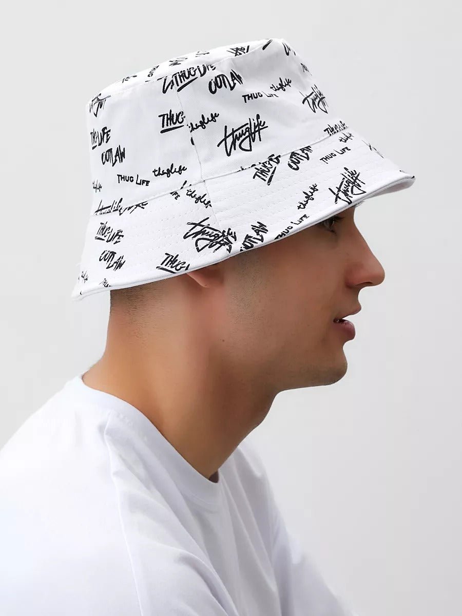 Bob streetwear réversible, imprimé graffiti, coton respirant, broderie Thug Life, mixte, modèle Hérry - Casquette - Blanc