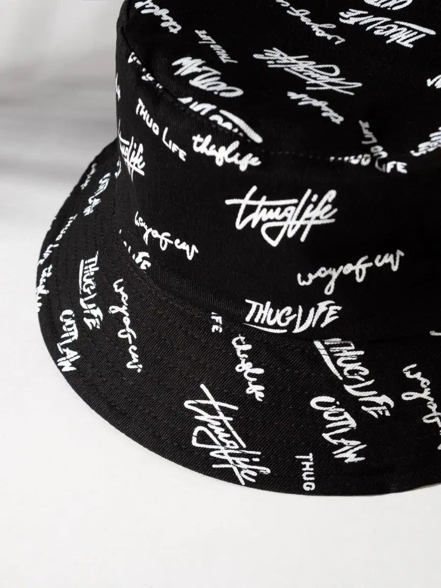 Bob streetwear réversible, imprimé graffiti, coton respirant, broderie Thug Life, mixte, modèle Hérry - Casquette - Noir