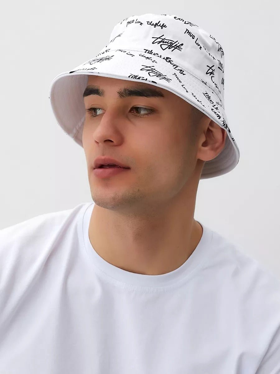 Bob streetwear réversible, imprimé graffiti, coton respirant, broderie Thug Life, mixte, modèle Hérry - Casquette - Blanc
