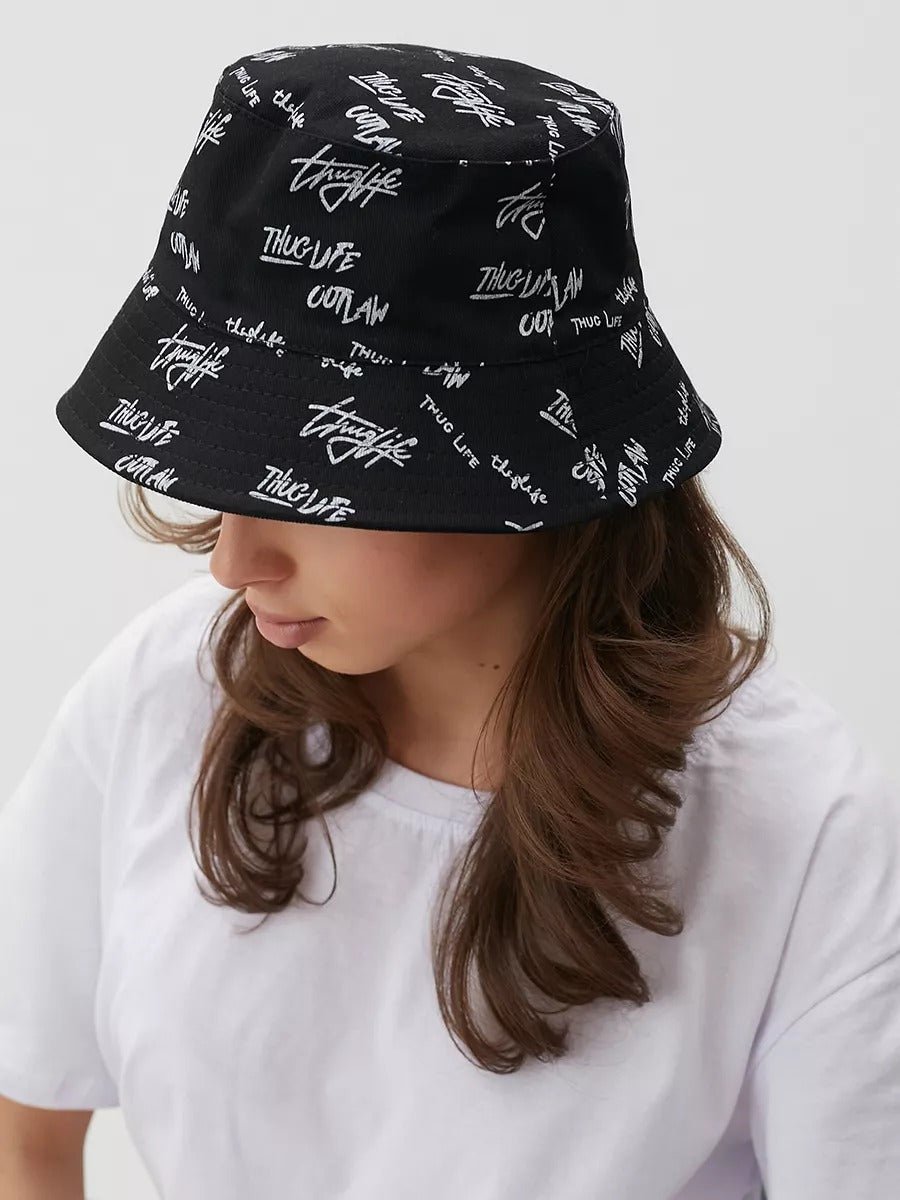 Bob streetwear réversible, imprimé graffiti, coton respirant, broderie Thug Life, mixte, modèle Hérry - Casquette - Noir