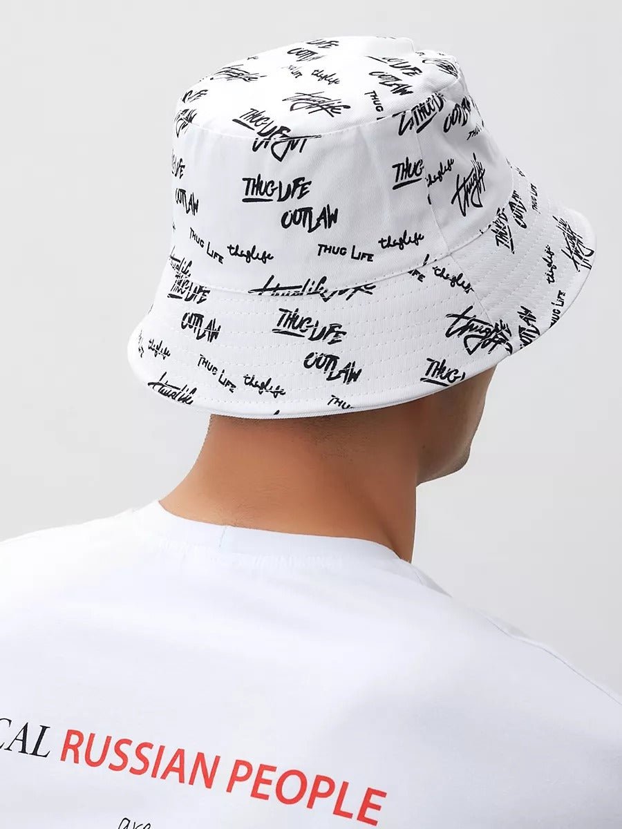 Bob streetwear réversible, imprimé graffiti, coton respirant, broderie Thug Life, mixte, modèle Hérry - Casquette - Blanc