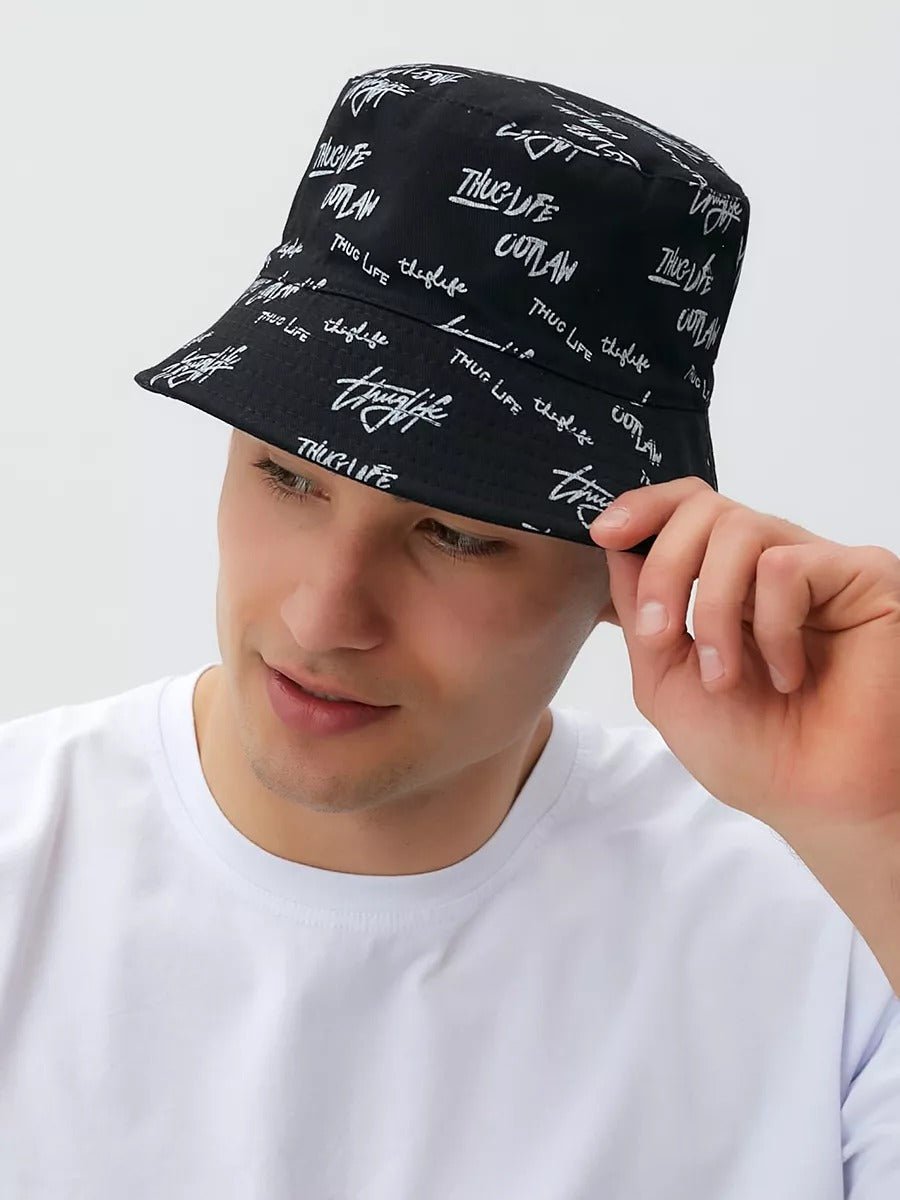 Bob streetwear réversible, imprimé graffiti, coton respirant, broderie Thug Life, mixte, modèle Hérry - Casquette - Noir
