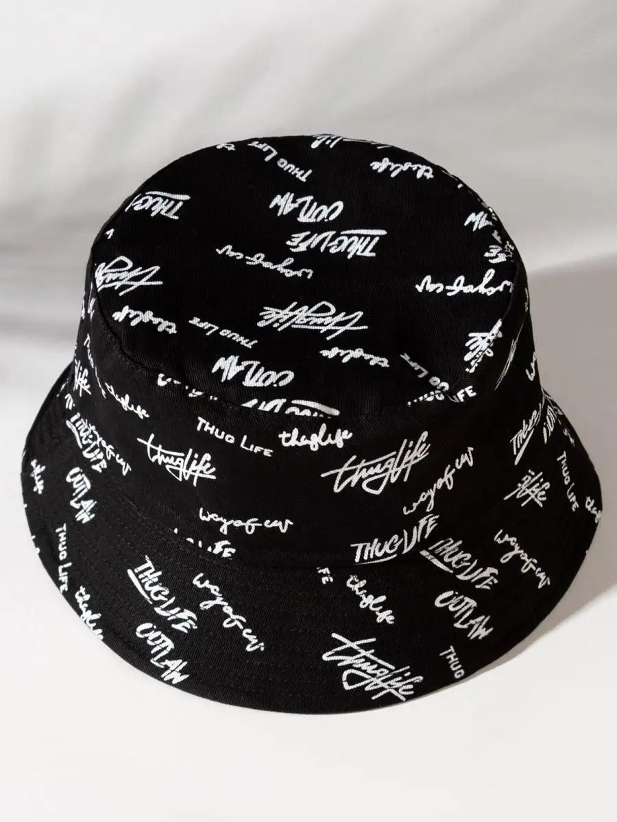 Bob streetwear réversible, imprimé graffiti, coton respirant, broderie Thug Life, mixte, modèle Hérry - Casquette - Noir