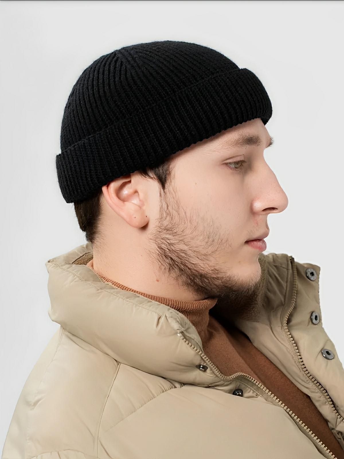 Bonnet docker côtelé, court unisexe, chaud pour l'hiver, bonnet à revers, maille fine, modèle Jino - Bonnets - Noir