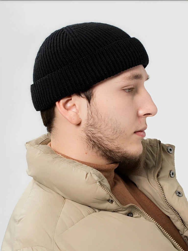 Bonnet docker côtelé, court unisexe, chaud pour l'hiver, bonnet à revers, maille fine, modèle Jino - Bonnets - Noir
