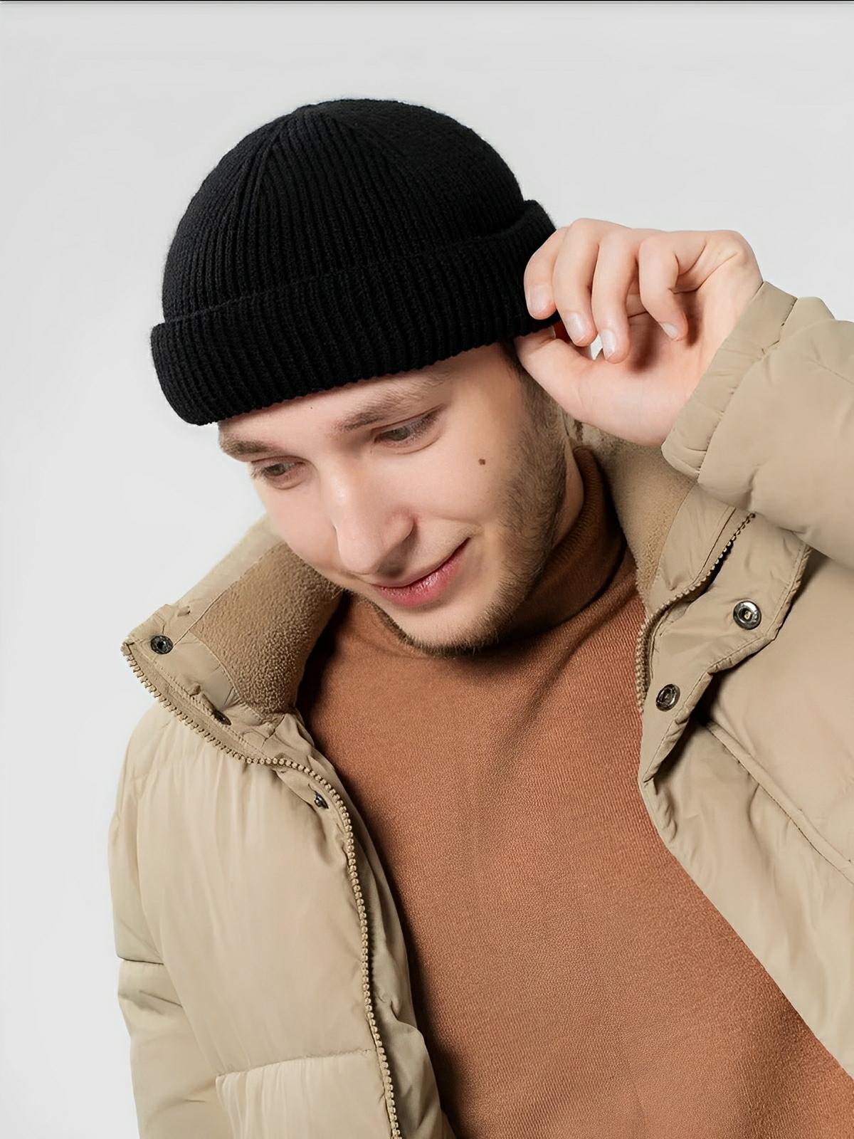 Bonnet docker côtelé, court unisexe, chaud pour l'hiver, bonnet à revers, maille fine, modèle Jino - Bonnets - Noir