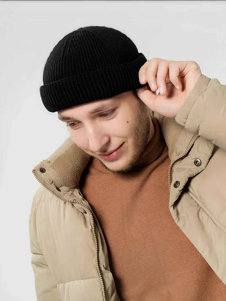 Bonnet docker côtelé, court unisexe, chaud pour l'hiver, bonnet à revers, maille fine, modèle Jino - Bonnets - Noir