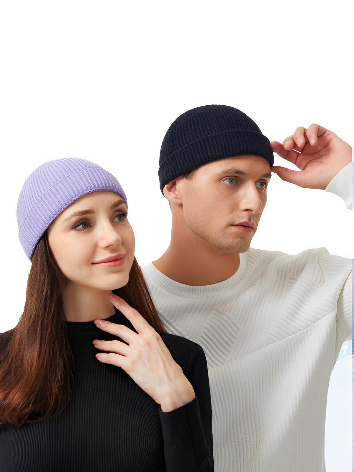 Bonnet docker côtelé, court unisexe, chaud pour l'hiver, bonnet à revers, maille fine, modèle Jino - Bonnets - Noir