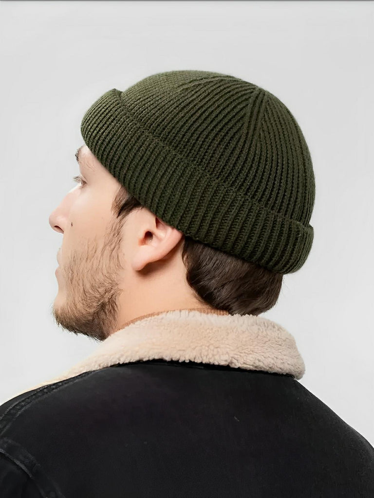 Bonnet docker côtelé, court unisexe, chaud pour l'hiver, bonnet à revers, maille fine, modèle Jino - Bonnets - Kaki
