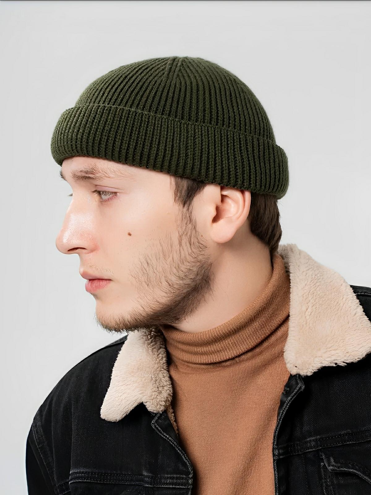 Bonnet docker côtelé, court unisexe, chaud pour l'hiver, bonnet à revers, maille fine, modèle Jino - Bonnets - Kaki