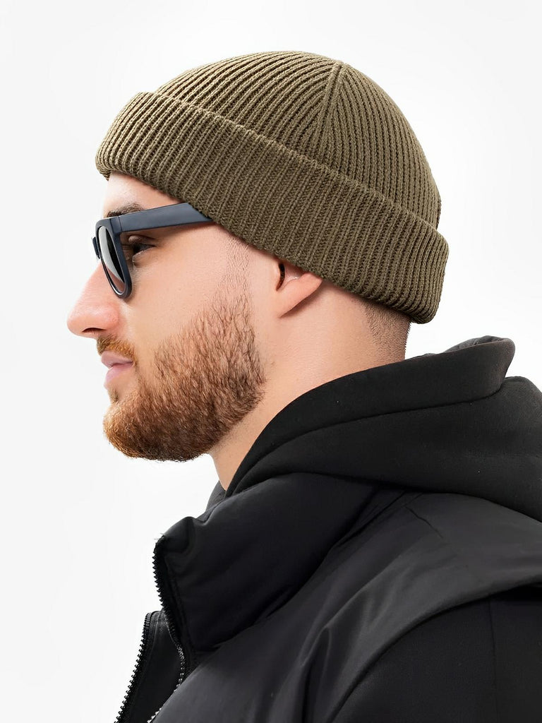 Bonnet docker côtelé, court unisexe, chaud pour l'hiver, bonnet à revers, maille fine, modèle Jino - Bonnets - Taupe