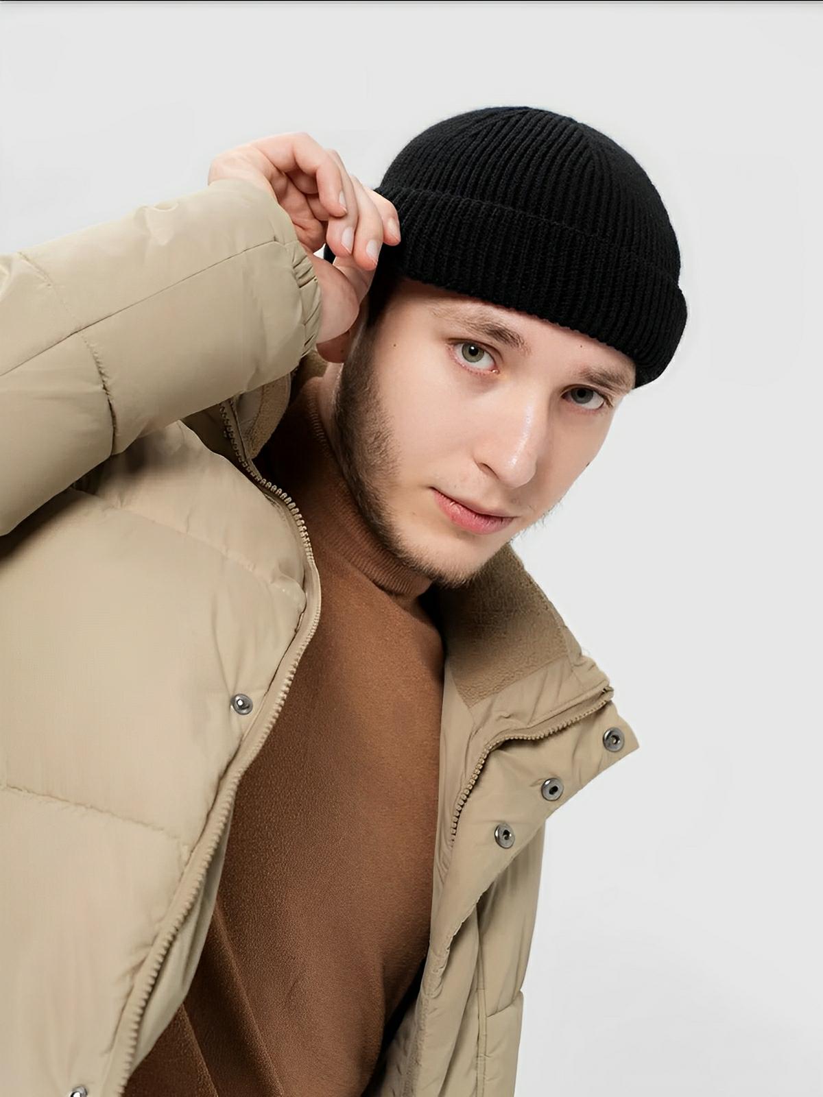 Bonnet docker côtelé, court unisexe, chaud pour l'hiver, bonnet à revers, maille fine, modèle Jino - Bonnets - Noir