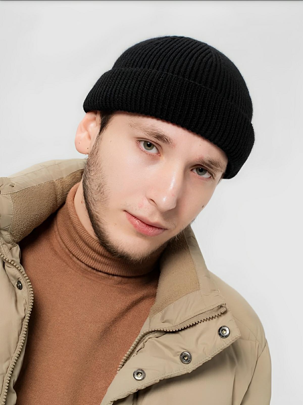 Bonnet docker côtelé, court unisexe, chaud pour l'hiver, bonnet à revers, maille fine, modèle Jino - Bonnets - Noir