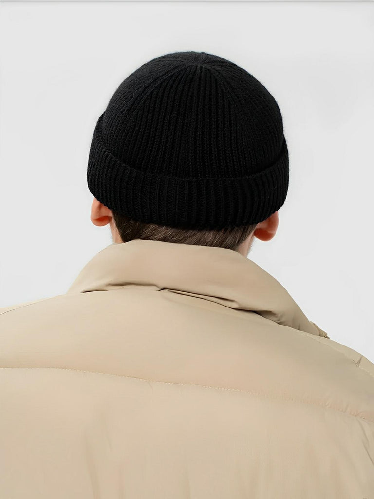 Bonnet docker côtelé, court unisexe, chaud pour l'hiver, bonnet à revers, maille fine, modèle Jino - Bonnets - Noir