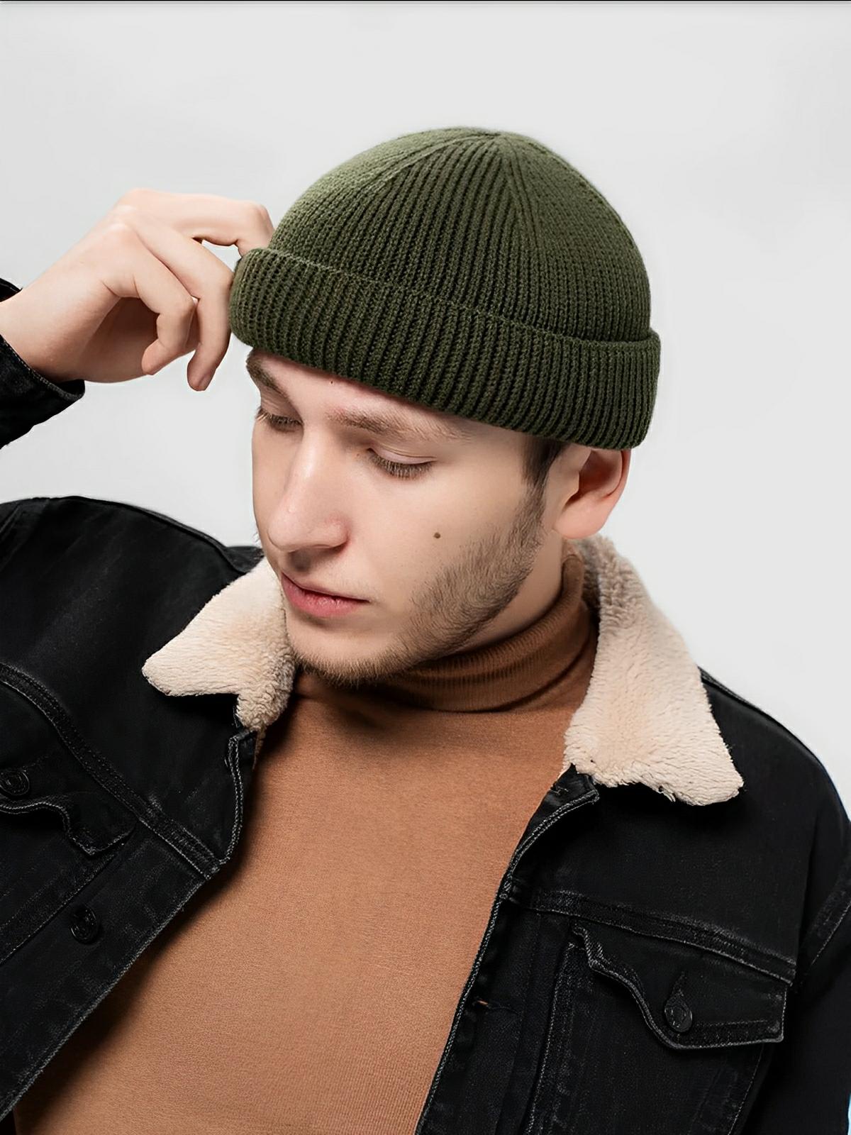 Bonnet docker côtelé, court unisexe, chaud pour l'hiver, bonnet à revers, maille fine, modèle Jino - Bonnets - Kaki