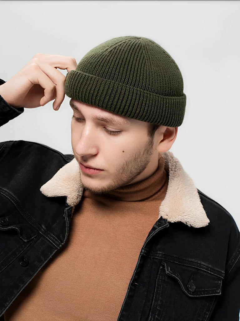 Bonnet docker côtelé, court unisexe, chaud pour l'hiver, bonnet à revers, maille fine, modèle Jino - Bonnets - Kaki