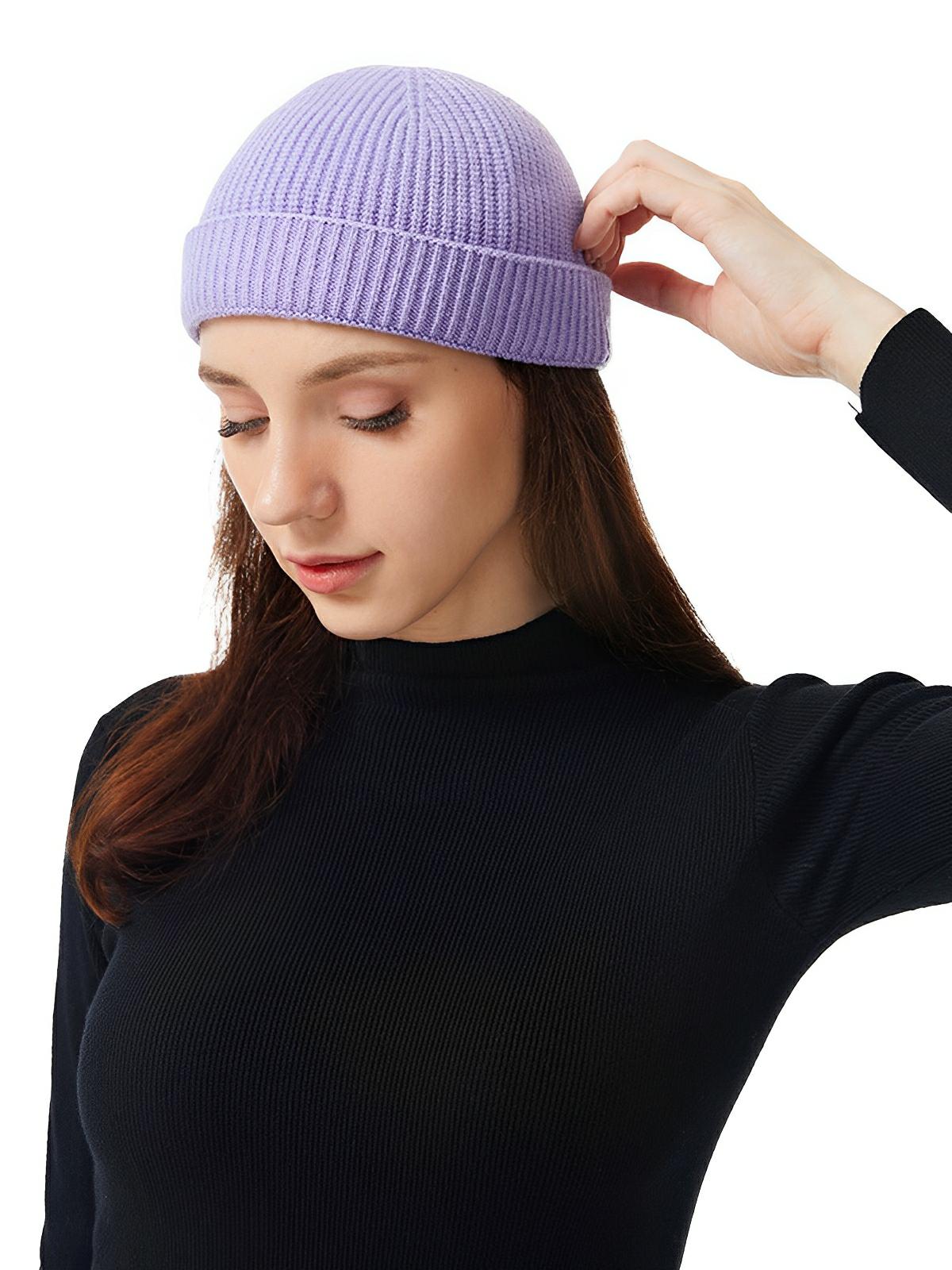 Bonnet docker côtelé, court unisexe, chaud pour l'hiver, bonnet à revers, maille fine, modèle Jino - Bonnets - Lavande