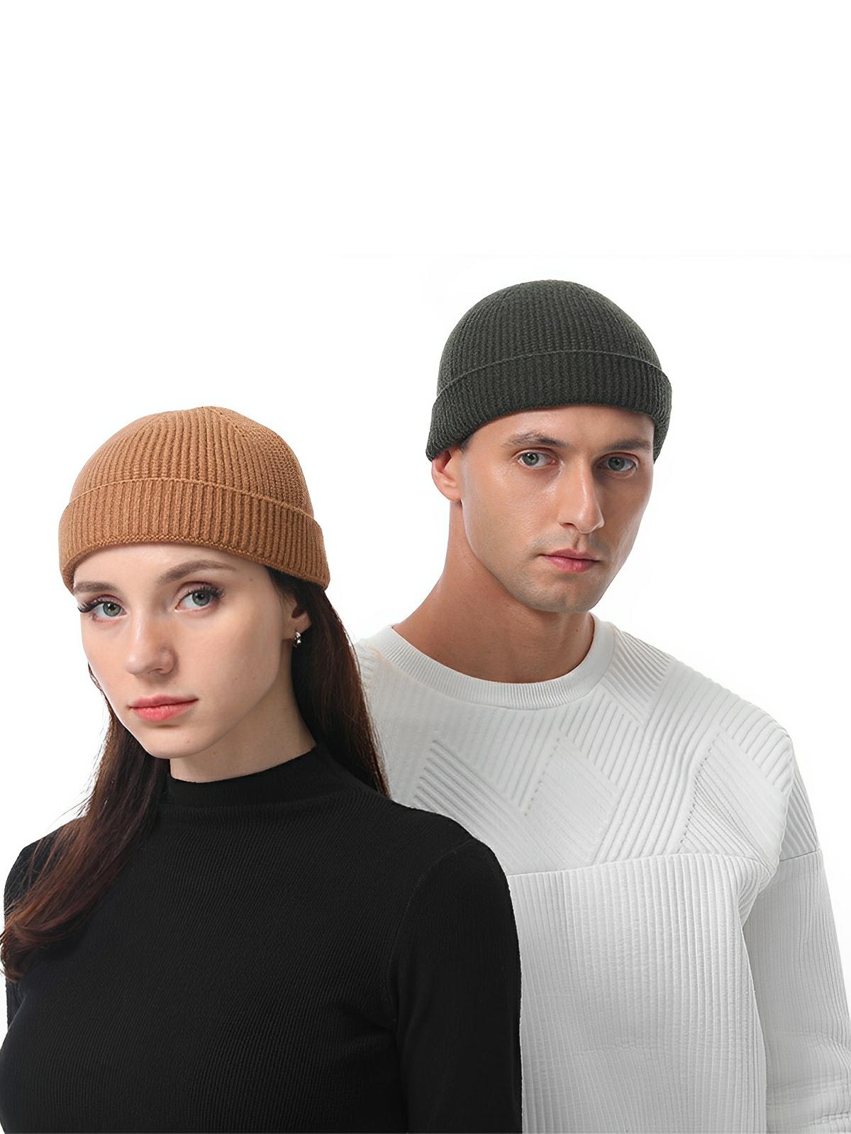 Bonnet docker côtelé, court unisexe, chaud pour l'hiver, bonnet à revers, maille fine, modèle Jino - Bonnets - Kaki
