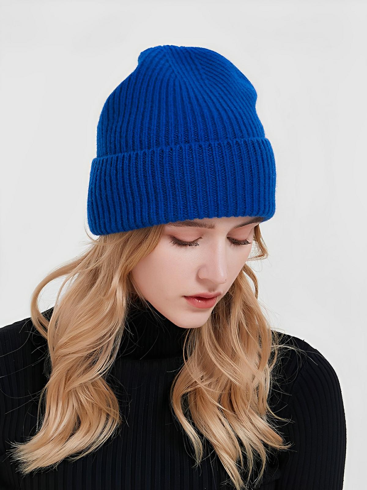 Bonnet en laine mixte, chaud pour l'hiver, tricoté et épais, doux extensible, coupe - vent, modèle Vic - Bonnets - Bleu royal