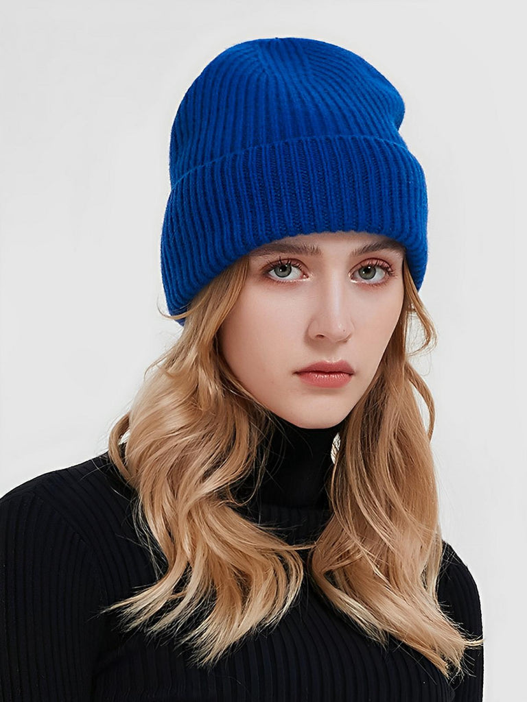 Bonnet en laine mixte, chaud pour l'hiver, tricoté et épais, doux extensible, coupe - vent, modèle Vic - Bonnets - Bleu royal