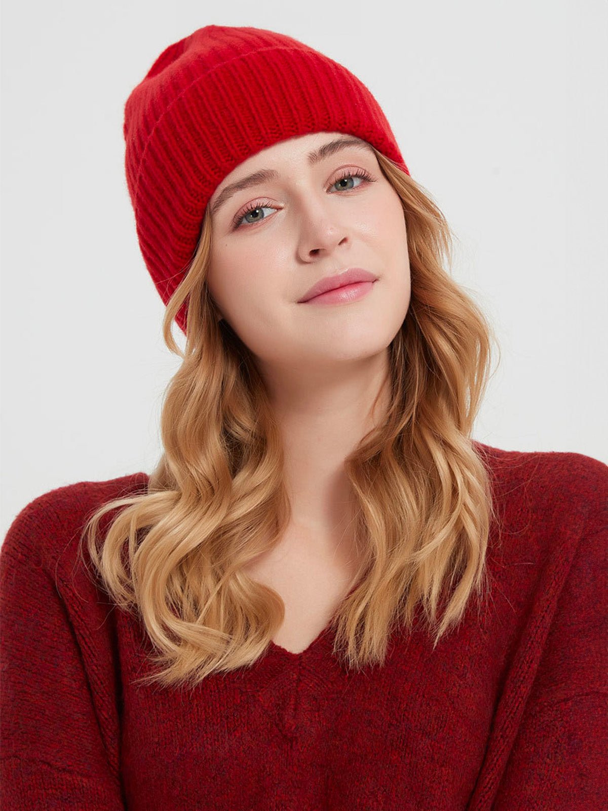 Bonnet en laine mixte, chaud pour l'hiver, tricoté et épais, doux extensible, coupe - vent, modèle Vic - Bonnets - Rouge