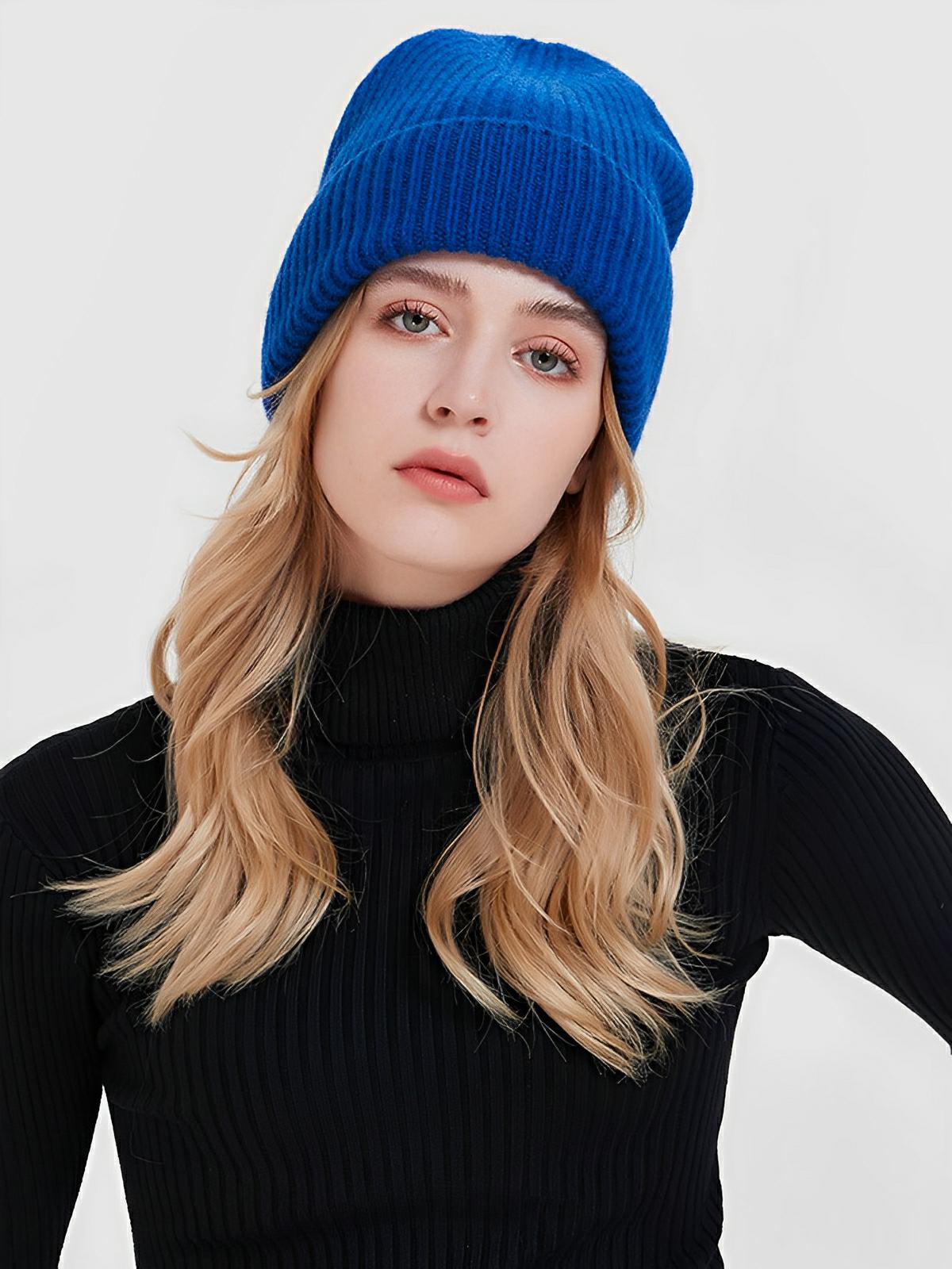 Bonnet en laine mixte, chaud pour l'hiver, tricoté et épais, doux extensible, coupe - vent, modèle Vic - Bonnets - Bleu royal