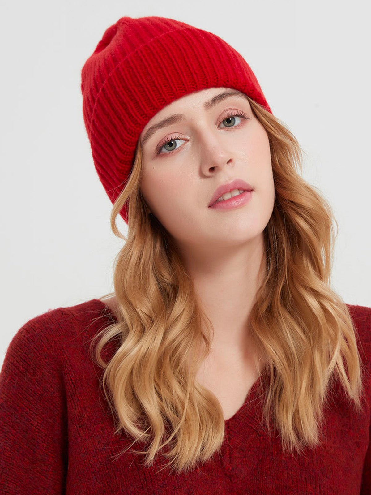 Bonnet en laine mixte, chaud pour l'hiver, tricoté et épais, doux extensible, coupe - vent, modèle Vic - Bonnets - Rouge