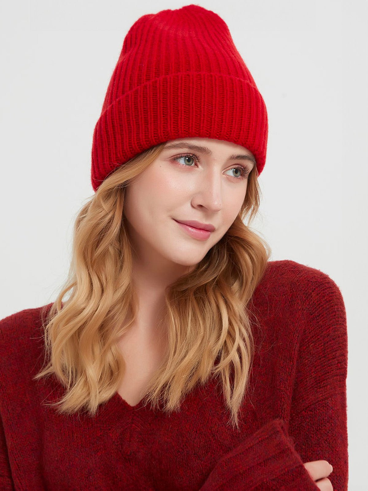 Bonnet en laine mixte, chaud pour l'hiver, tricoté et épais, doux extensible, coupe - vent, modèle Vic - Bonnets - Rouge