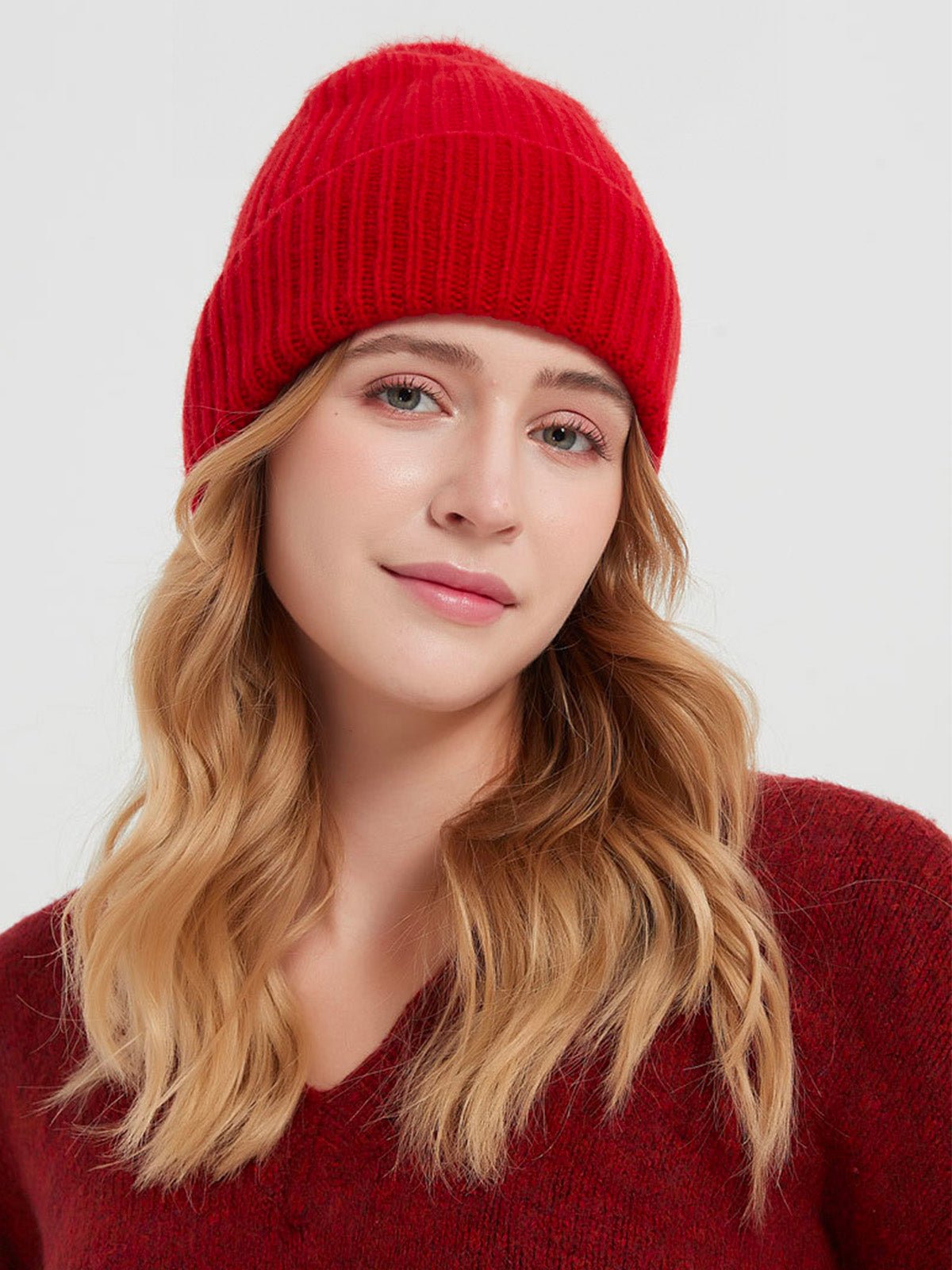 Bonnet en laine mixte, chaud pour l'hiver, tricoté et épais, doux extensible, coupe - vent, modèle Vic - Bonnets - Rouge