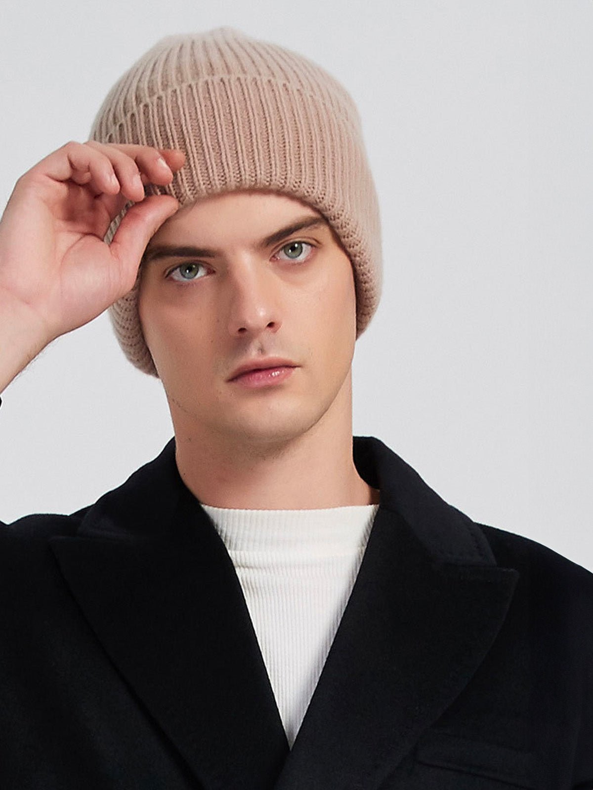 Bonnet en laine mixte, chaud pour l'hiver, tricoté et épais, doux extensible, coupe - vent, modèle Vic - Bonnets - Beige