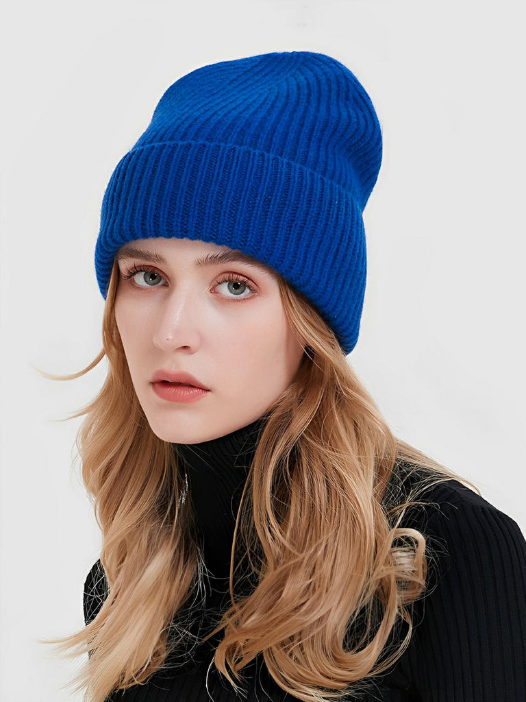 Bonnet en laine mixte, chaud pour l'hiver, tricoté et épais, doux extensible, coupe - vent, modèle Vic - Bonnets - Bleu royal