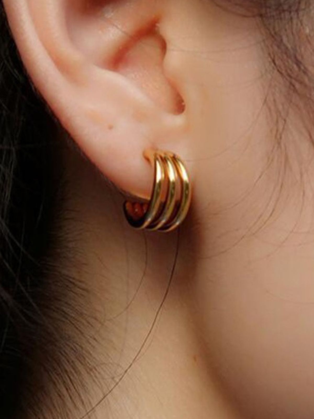 Boucles d’oreilles acier inoxydable, forme C incurvée, triple couche, plaqué or, style géométrique, modèle Ecrame - Boucles d'oreilles - Or 44 mm