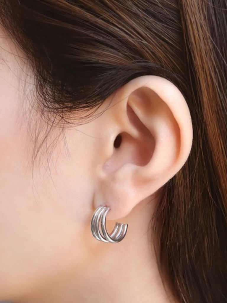 Boucles d’oreilles acier inoxydable, forme C incurvée, triple couche, plaqué or, style géométrique, modèle Ecrame - Boucles d'oreilles - Argent 44 mm
