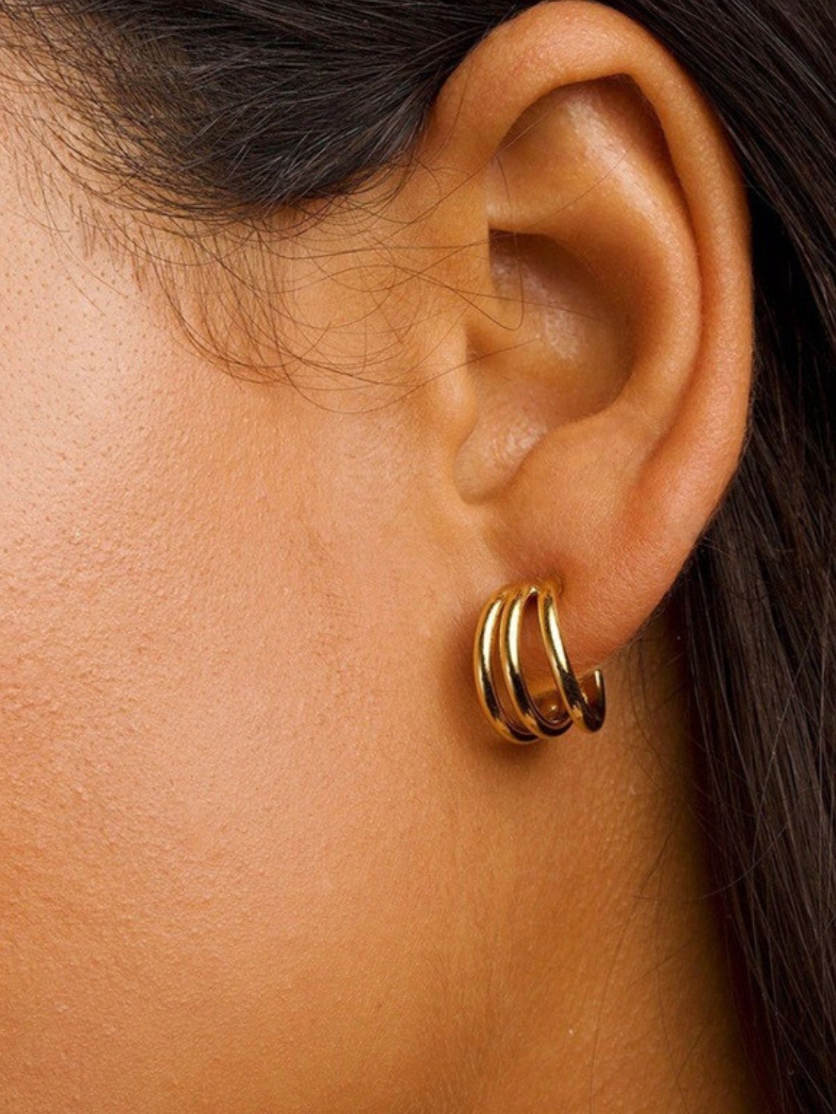 Boucles d’oreilles acier inoxydable, forme C incurvée, triple couche, plaqué or, style géométrique, modèle Ecrame - Boucles d'oreilles - Or 44 mm