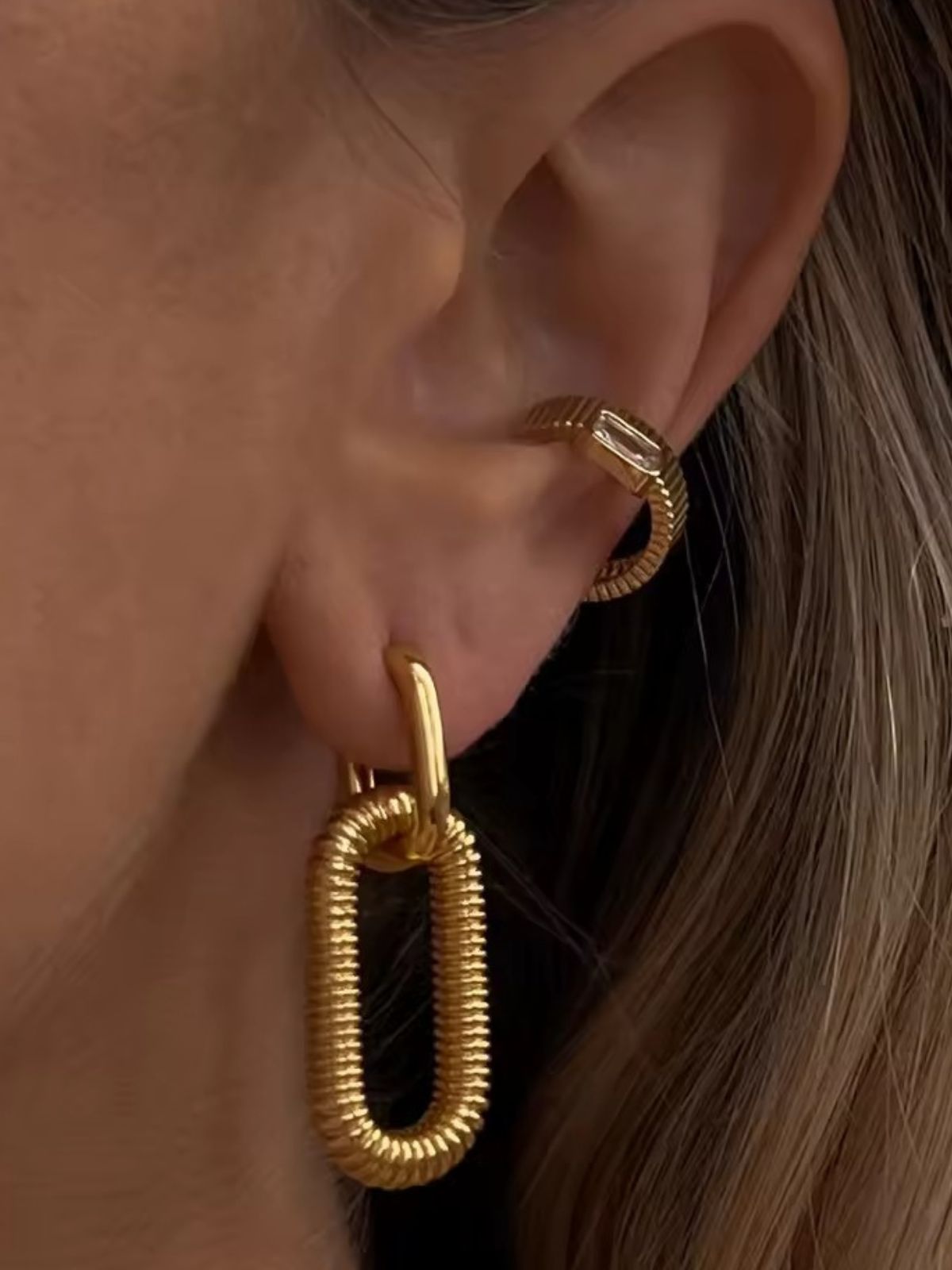 Boucles d'oreilles chaîne, acier inoxydable, plaqué or, style géométrique, tendance féminine, modèle Uranie - Boucles d'oreilles - Or 40 mm