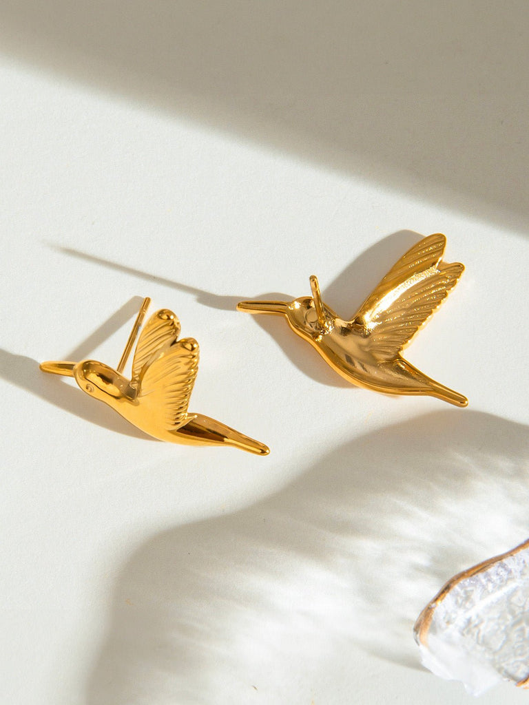Boucles d’oreilles colibri dorées, acier inoxydable, poussette, hypoallergénique, waterproof, modèle Clélia - Boucles d'oreilles - Or